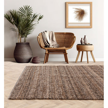 Abbus Modern Boucle Plain Subtle Stripe Hand-Woven Textured-Effect Soft-Touch Polyester Flatweave Tawny Brown Rug-Asiatic Carpets-Rug Love - The Most Loved Rug Store